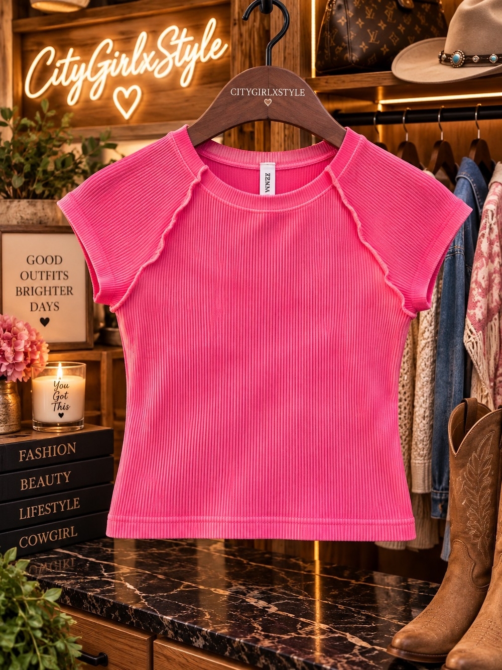 Zenana Pink Ribbed Short Sleeve Top